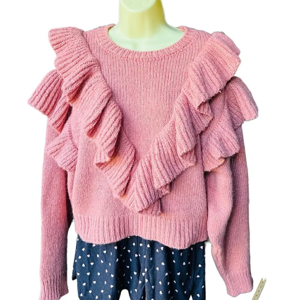 Pink Ruffle Crop Knit Sweater Women’s Size XL Cottagecore - Picture 7 of 12